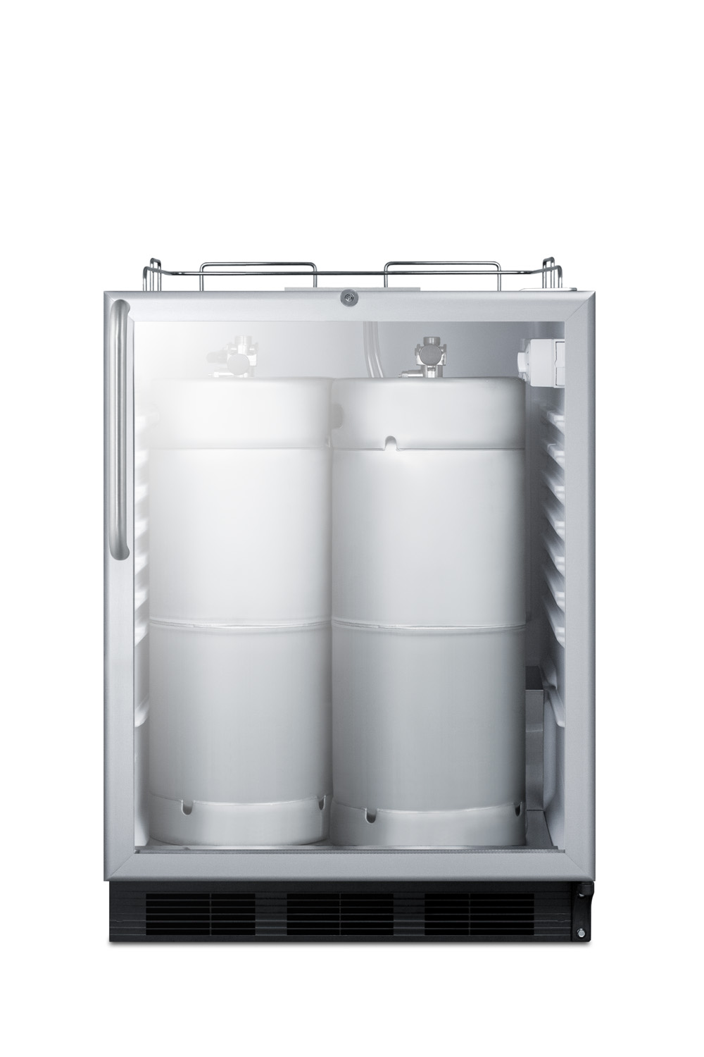 Built-in undercounter ADA height commercially listed beer dispenser with glass door, lock, and stainless steel wrapped cabinet; no tapping equipment included
